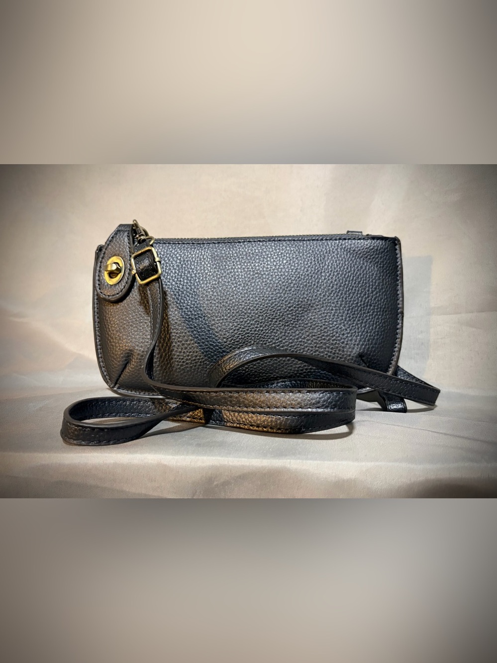Joy Susan Black Pebbled Leather Crossbody with Gold-Tone Accent